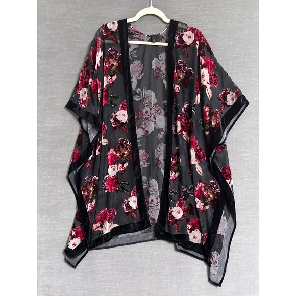 Torrid Kimono 1X 2X Black Pink Floral Velvet Burnout Sheer Romantic Boho‎ Layer - Picture 1 of 6